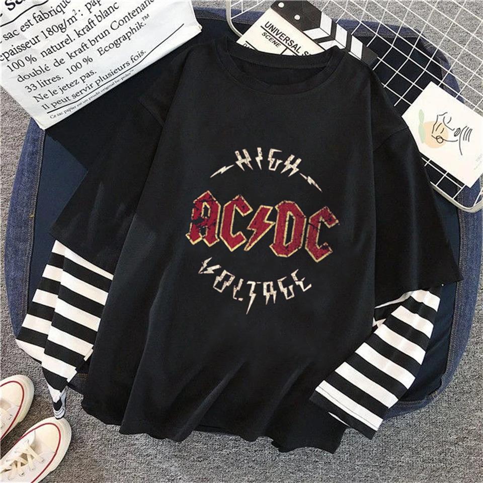 AC-DC Baskılı Fake Sleeves Unisex Siyah T-shirt
