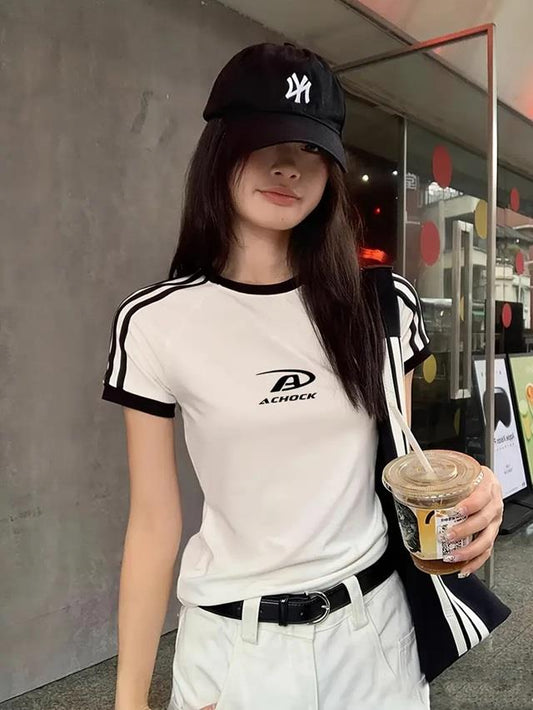 Achock Baskılı Şeritli Bluz Body Crop