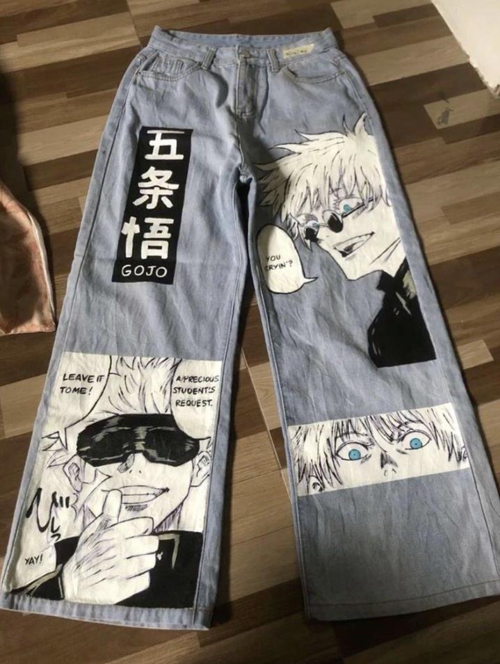 Anime Baskı Streetwear Baggy Mavi Pantolon