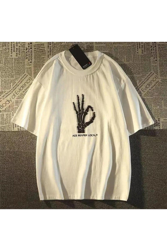 Beyaz Skeleton Hand Baskılı Oversize T-Shirt
