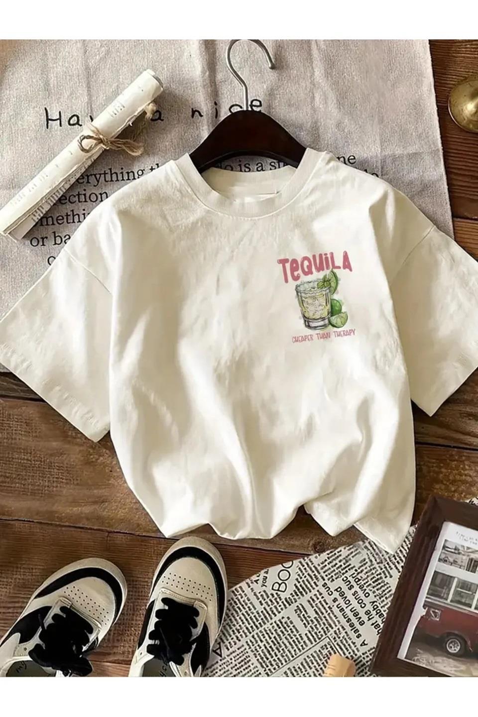 Beyaz Tequila Baskılı Oversize T-Shirt