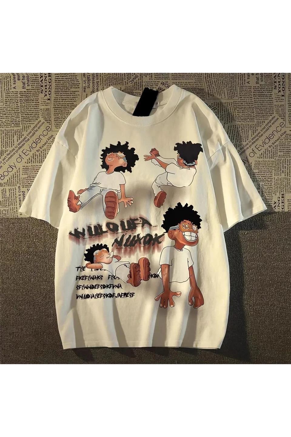 Beyaz Tuledai Hip Hop Baskılı Oversize T-Shirt