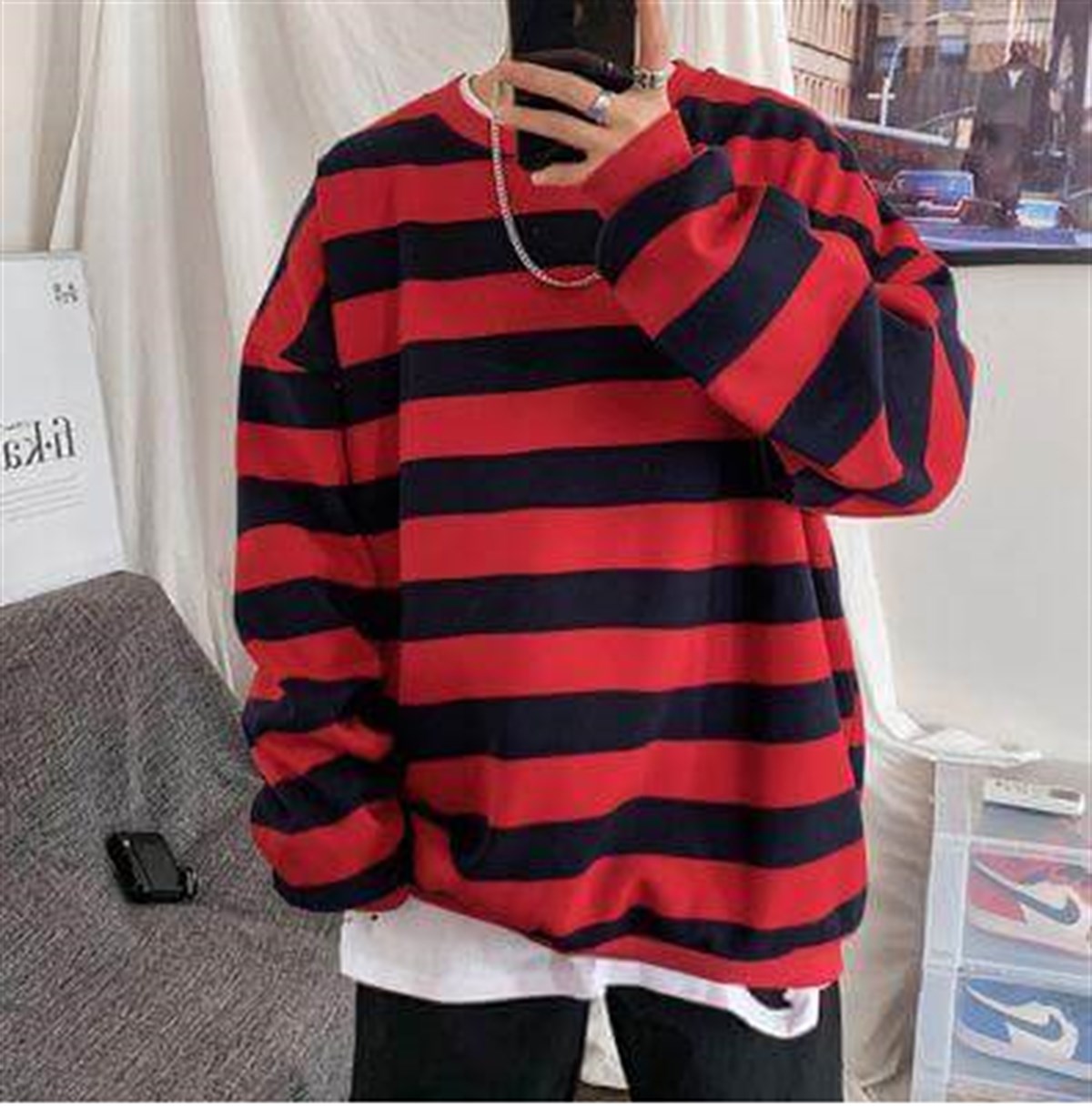 Kırmızı Siyah Çizgili Streetwear Oversize Kazak-Standart-Kırmızı-Siyah