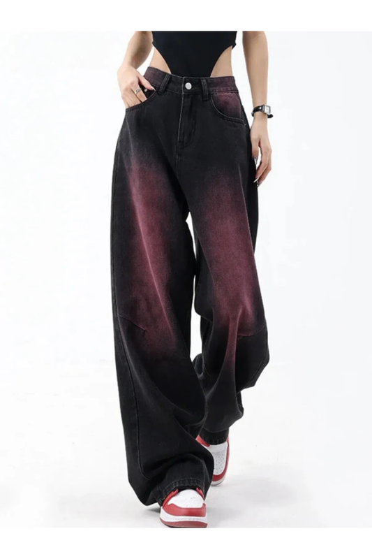 Mor Trendy Degrade Desenli Yıkamalı Baggy Pantolon