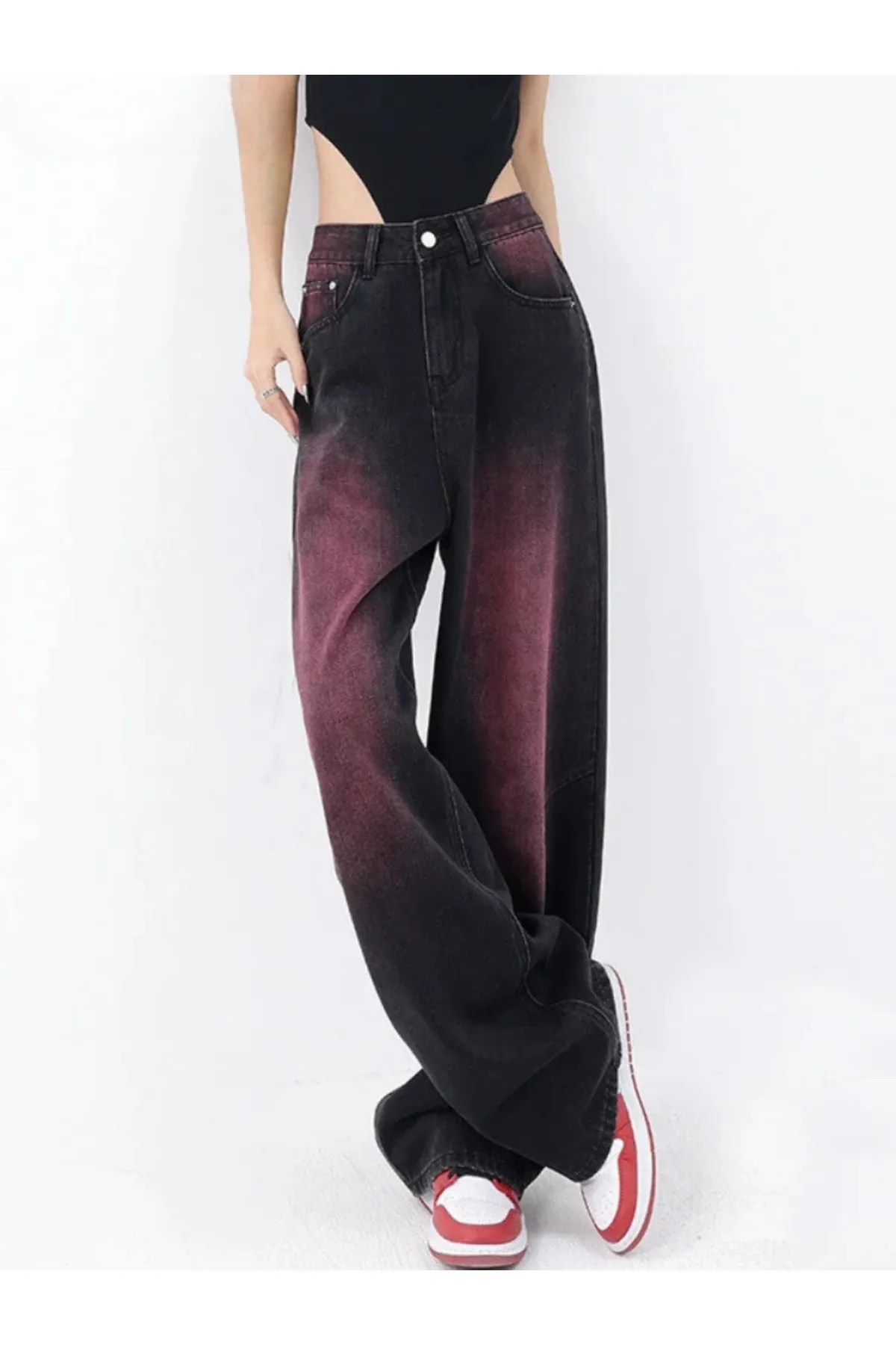 Mor Trendy Degrade Desenli Yıkamalı Baggy Pantolon