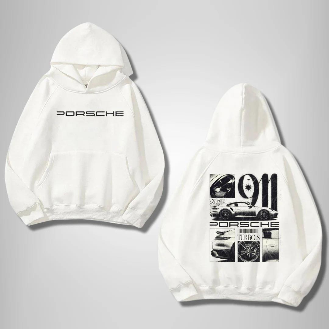 Porsche Ön Arka Baskılı Beyaz Kapşonlu Sweatshirt