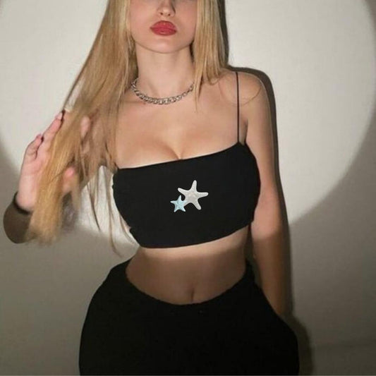 Siyah Deniz Yıldızı Baskılı Kadın Ip Askılı Büstiyer Crop