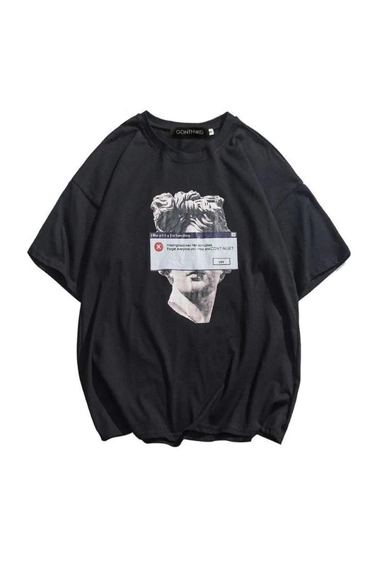 Siyah Michelangelo Heykeli Baskılı Oversize T-Shirt