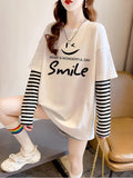 Smile Fake Sleeves Unisex Uzun Kollu Beyaz T-Shirt