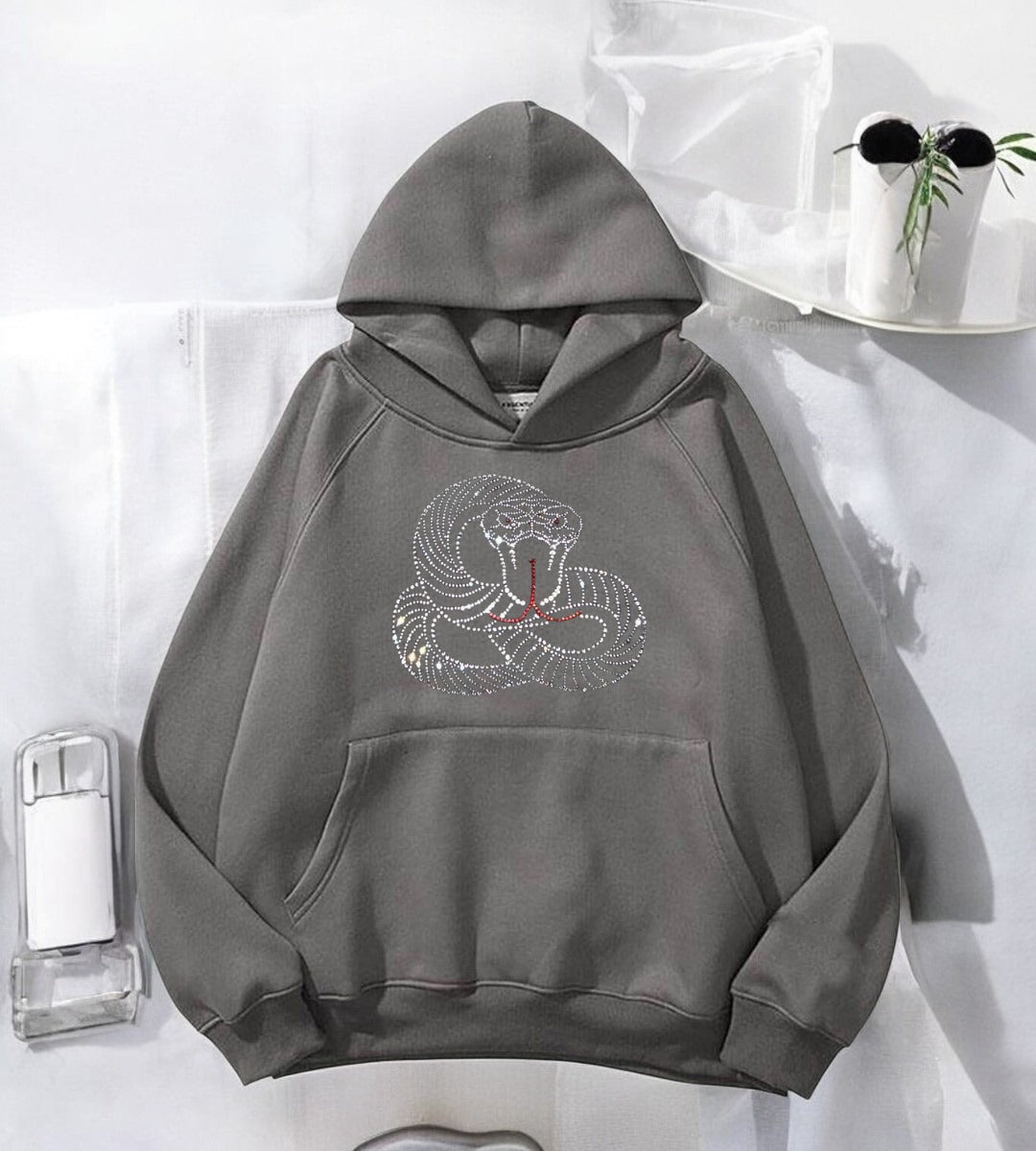 Snake Web Taş İşleme Detail Baskılı Kapşonlu Sweatshirt