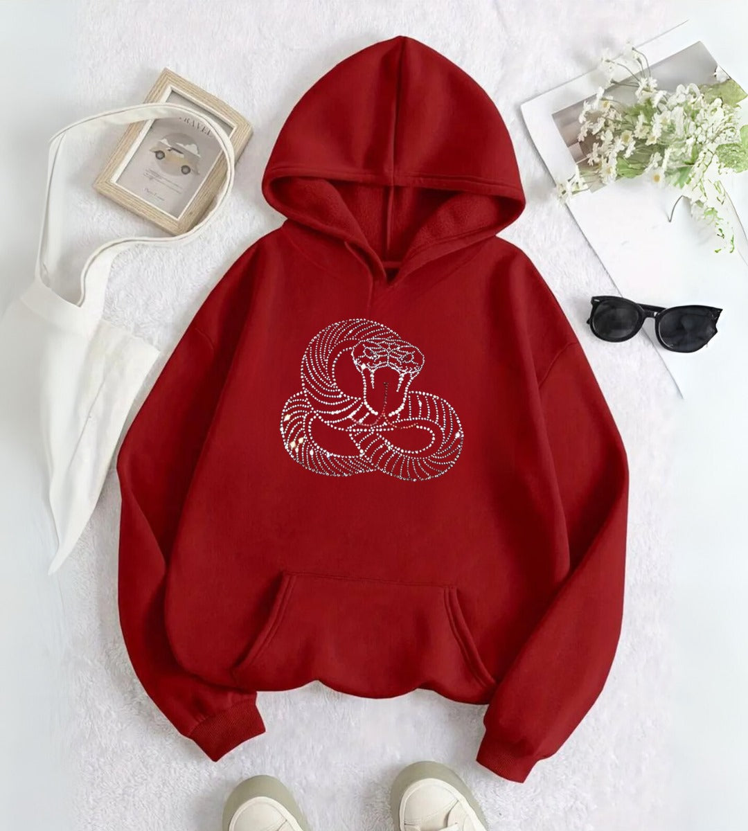 Snake Web Taş İşleme Detail Baskılı Kapşonlu Sweatshirt