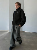 Streetwear Detail Peluş Fermuarlı Siyah Ceket