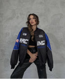 Streetwear Unisex İçi Astarlı Vintage Mavi Yarışçı Bomber Ceket