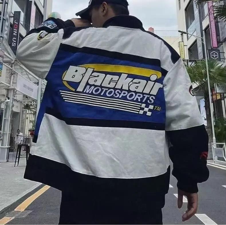 Streetwear Unisex İçi Astarlı Vintage Blackair  Mavi Yarışçı Bomber Ceket