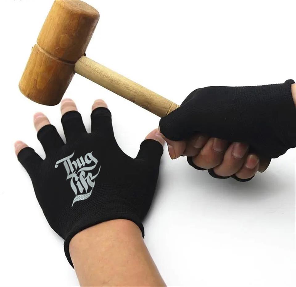 Thug Life Baskılı Unisex Siyah Kesik Çift Eldiven